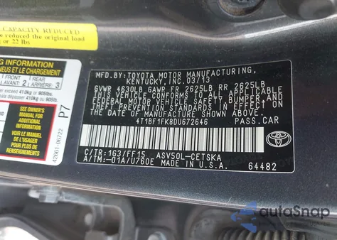 2013 Toyota Camry Se from USA, damaged, VIN 4T1BF1FK8DU672646